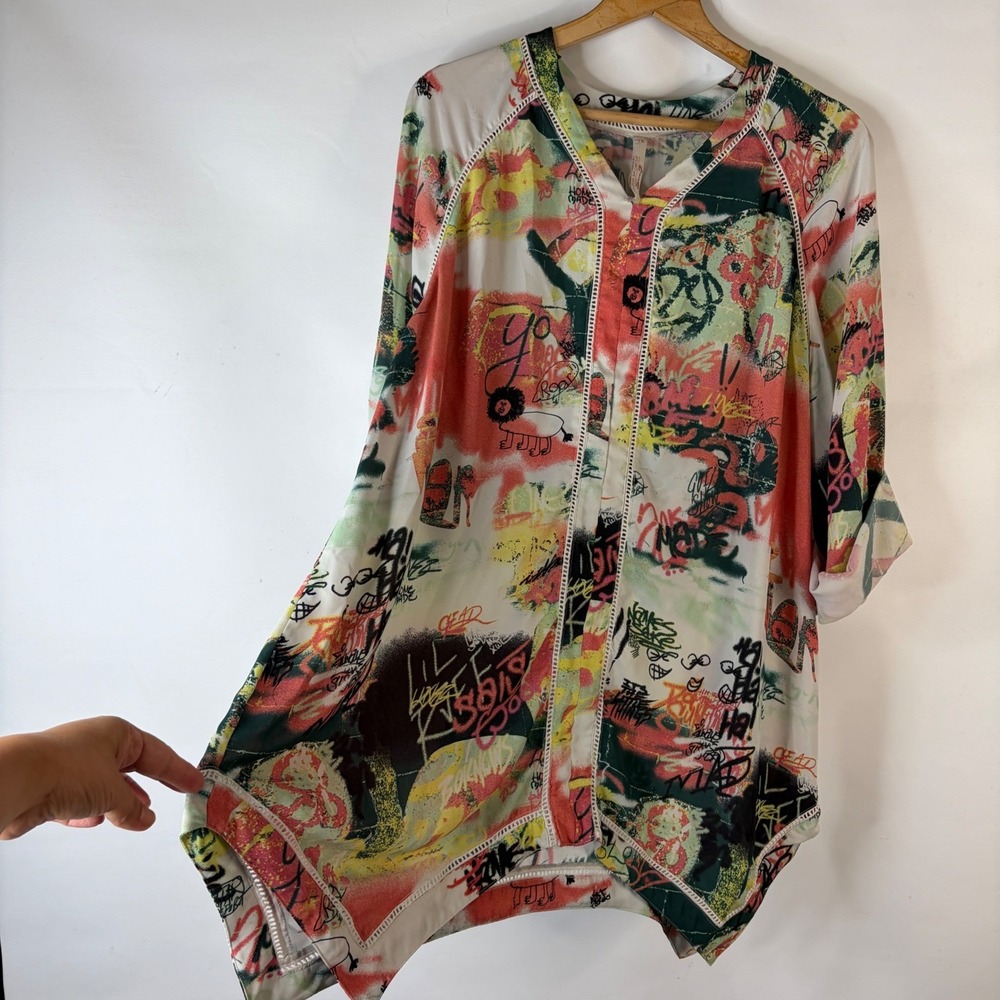 Melissa McCarthy Seven7 Tunic Top Womens 1X Multicolor Graffiti Print Lace Trim - Picture 8 of 9